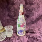Decorative Wine Bottle Stained Glass Hand Painted Upcycled Flowers Purple Pink
