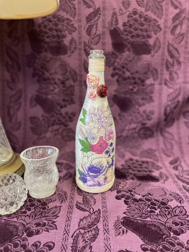 Decorative Wine Bottle Stained Glass Hand Painted Upcycled Flowers Purple Pink