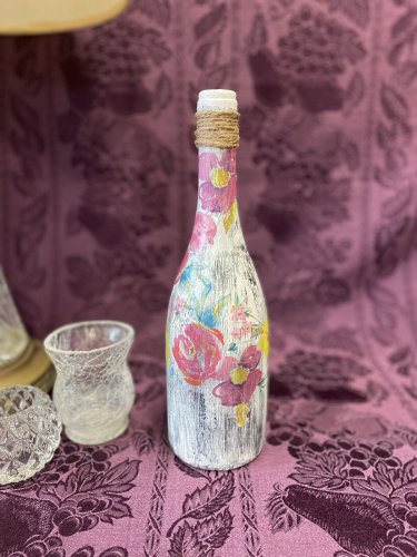 Decorative Wine Bottle Stained Glass Hand Painted Upcycled Spring Flowers