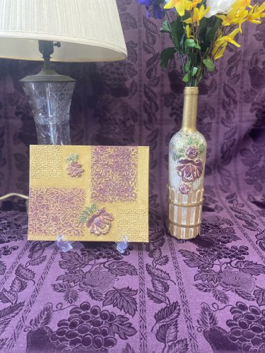 Hand Painted Wine Bottle & Matching Picture Picket Fence & Rose Gold & Wine