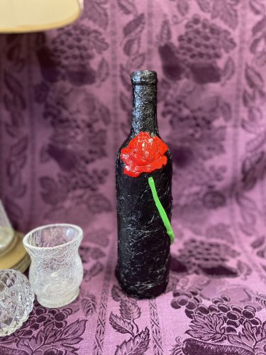 Decorative Wine Bottle Stained Glass Hand Painted Upcycled Black Red Clay Rose