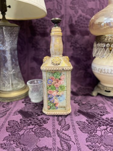 Decorative Bottle Stained Glass Hand Painted Upcycled Shabby Chic Flowers