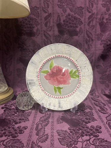 Hand Painted & Decoupage Decorative Plate With Crackle Finish & Pink Rose