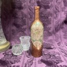 Decorative Wine Bottle Stained Glass Hand Painted Upcycled Bronze Pink Flowers