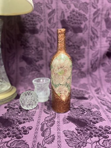 Decorative Wine Bottle Stained Glass Hand Painted Upcycled Bronze Pink Flowers