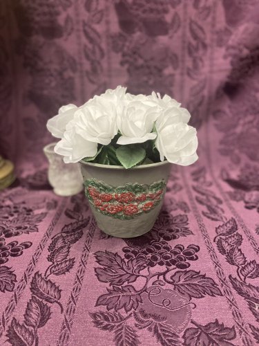 Hand Painted Flower Pot Gray Red And Green Clay Flowers