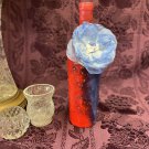 Decorative Wine Bottle Stained Glass Hand Painted Upcycled Red Blue Americana