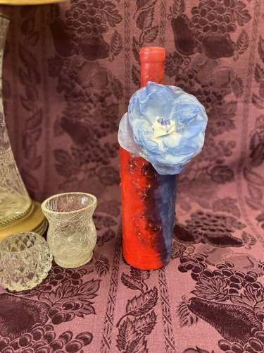Decorative Wine Bottle Stained Glass Hand Painted Upcycled Red Blue Americana