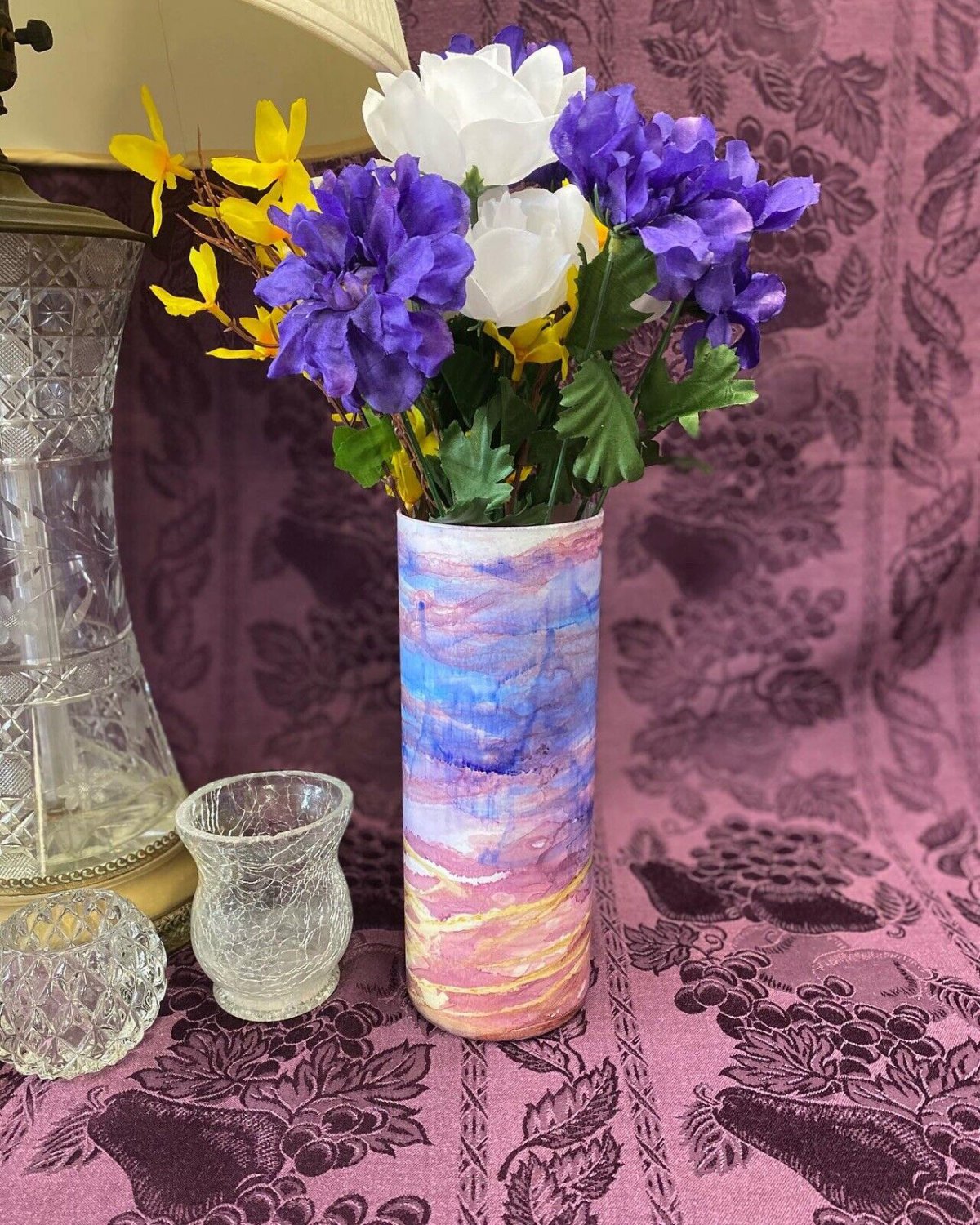 Custom Stained Glass Vase Purple Pink Blue White