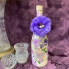 Decorative Wine Bottle Stained Glass Hand Painted Upcycled Purple Rose Flowers