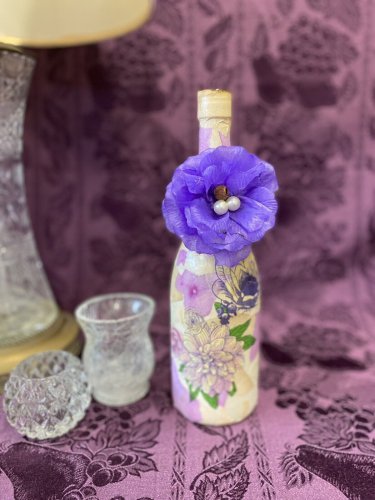 Decorative Wine Bottle Stained Glass Hand Painted Upcycled Purple Rose Flowers