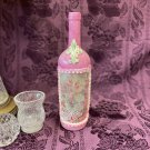 Decorative Wine Bottle Stained Glass Hand Painted Upcycled Pink Green Floral