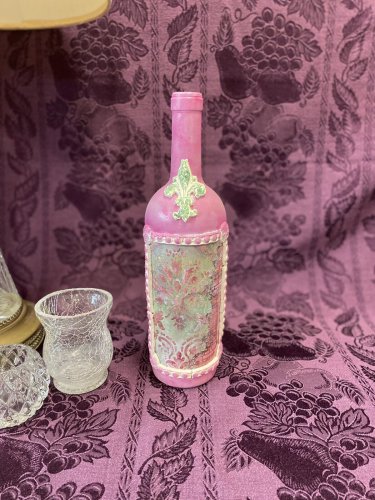Decorative Wine Bottle Stained Glass Hand Painted Upcycled Pink Green Floral