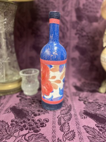 Decorative Wine Bottle Stained Glass Hand Painted Upcycled Blue Flowers