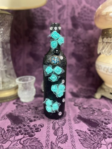 Decorative Wine Bottle Stained Glass Hand Painted Upcycled Black Tiffany Blue