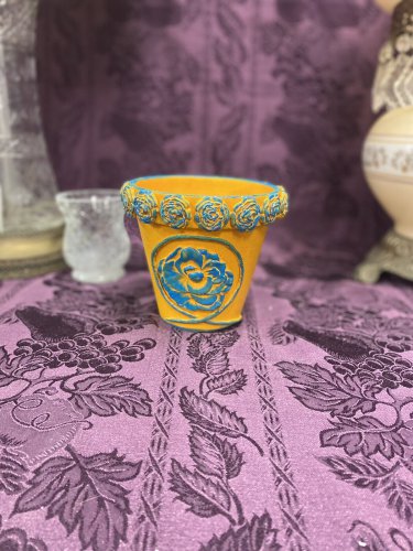 Hand Painted Terracotta Flower Pot Yellow Blue