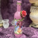 Decorative Wine Bottle Stained Glass Hand Painted Upcycled Pink Flowers