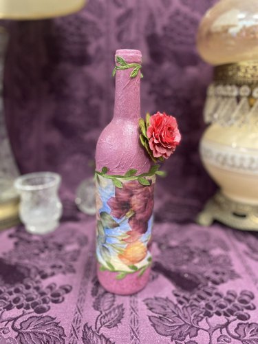 Decorative Wine Bottle Stained Glass Hand Painted Upcycled Pink Flowers