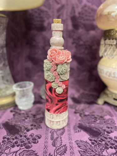 Decorative Wine Bottle Stained Glass Hand Painted Upcycled Pink Roses