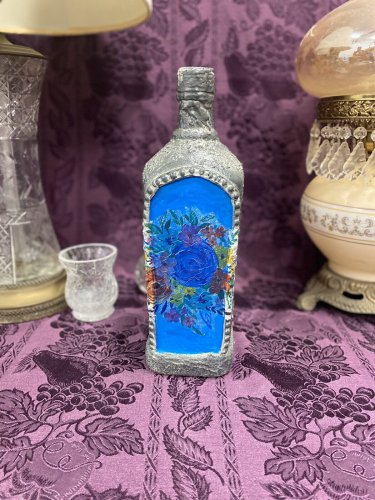 Decorative Tequila Bottle Stained Glass Hand Painted Upcycled Blue Faux Cement