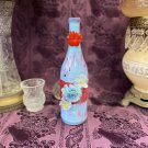 Decorative Wine Bottle Stained Glass Hand Painted Upcycled Baby Blue Red