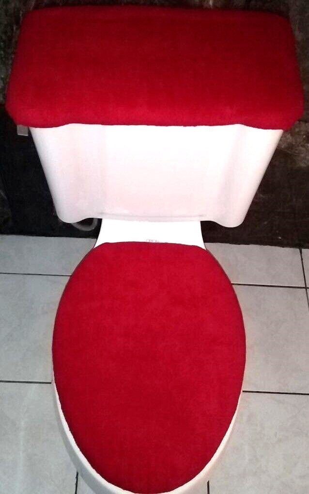 Toilet Bathroom Seat Cover and Tank Set Solid Red Fleece Fabric