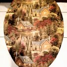 Autumn Cabin Forest  Fall Pines Print Fabric ELONGATED Toilet Seat Lid Cover
