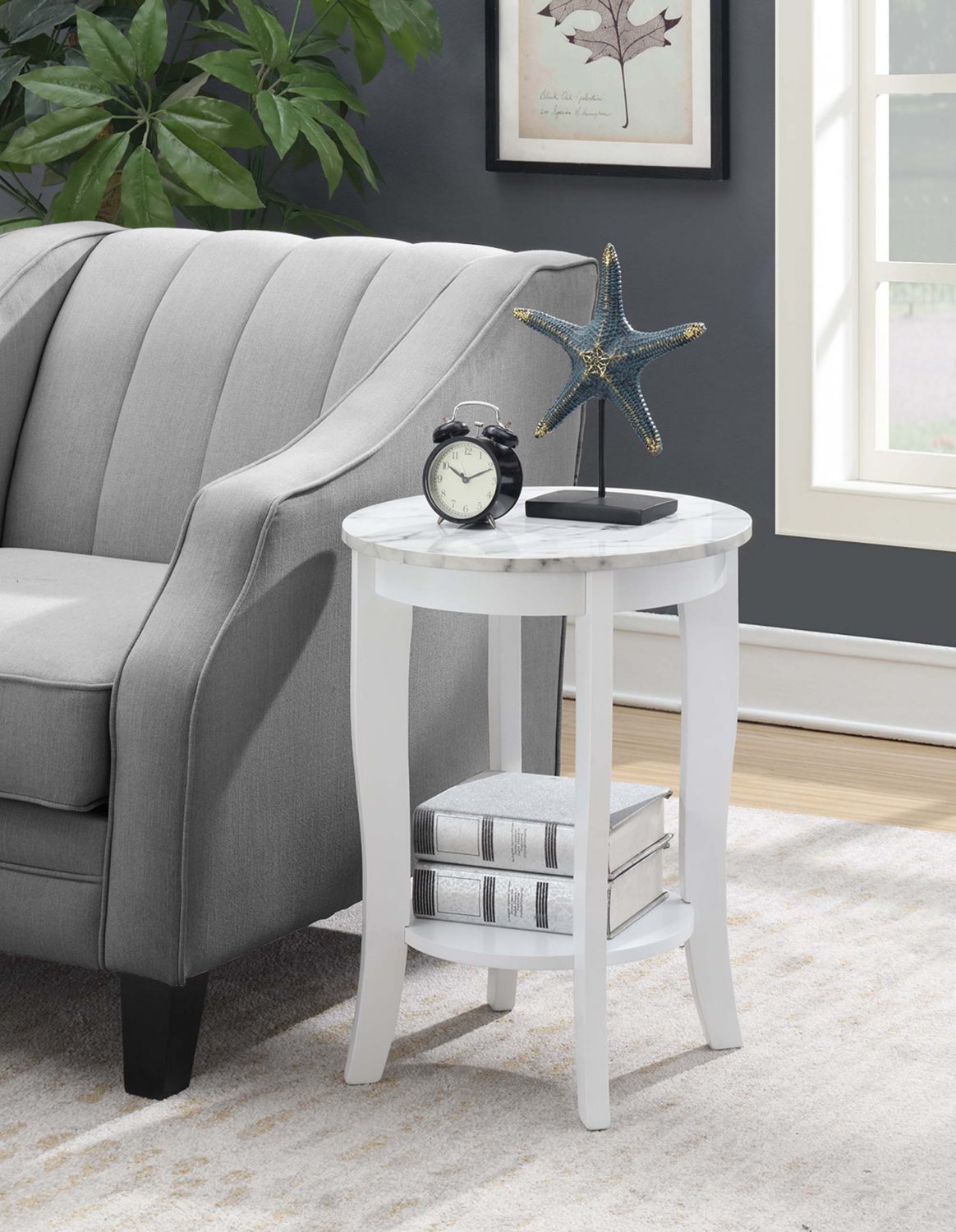 American Heritage Round End Table With Shelf, White Faux Marble/White