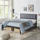Black Metal Queen Bed With Gray Upholstered Linen Headboard