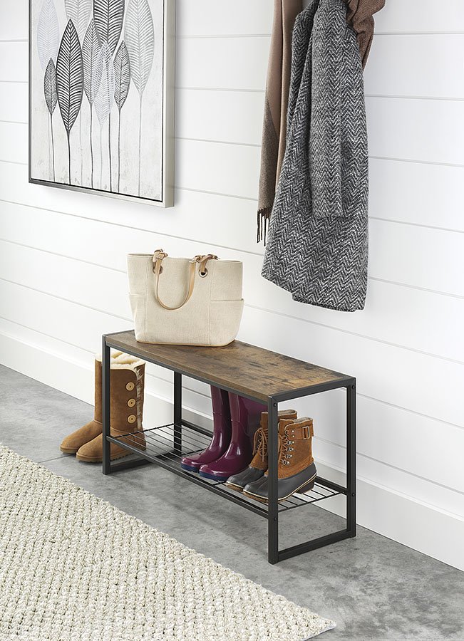 Whitmor Modern Industrial Entryway Bench with Shoe Storage, Brown