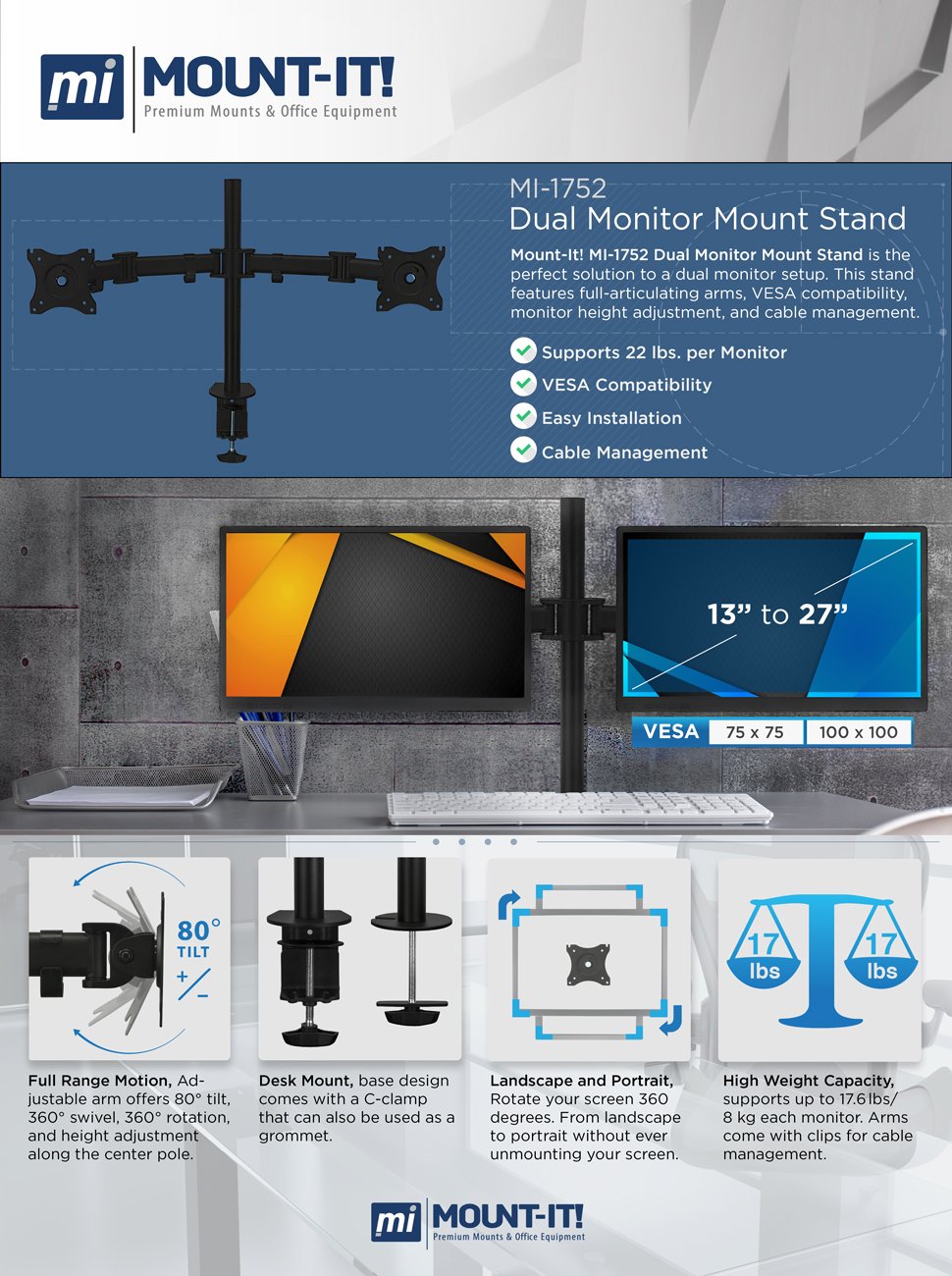 Dual Monitor Mount | Fits Two 17""-27"" Screens | Double Monitor Desk Stand Arm