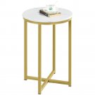 Wooden Top Round Faux Marble Side Table Sturdy Metal Legs Mustard Gold