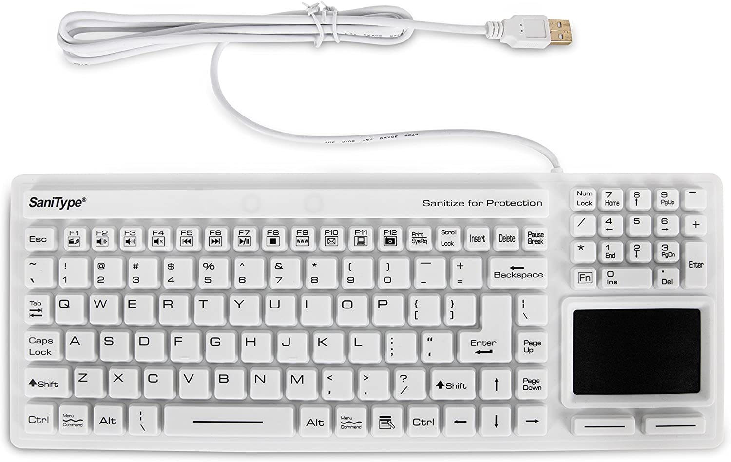 Sanitype ""Touchpad Plus"" Hygienic Rigid Silicone Washable Usb Keyboard,, White