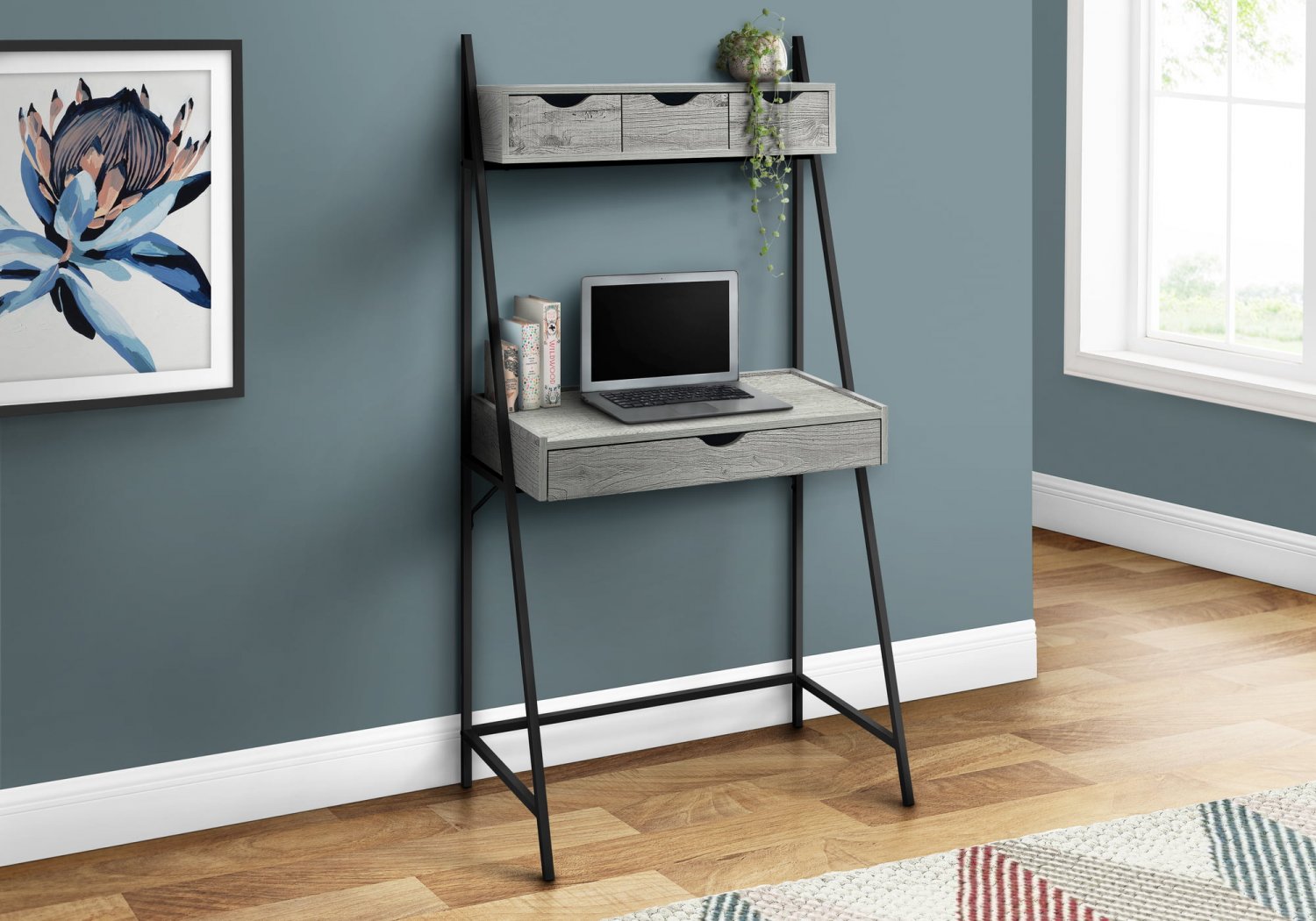 Computer Desk - 2 Tiers / 4 Storage Drawers / Ladder Style - 32""L - Grey Wood-