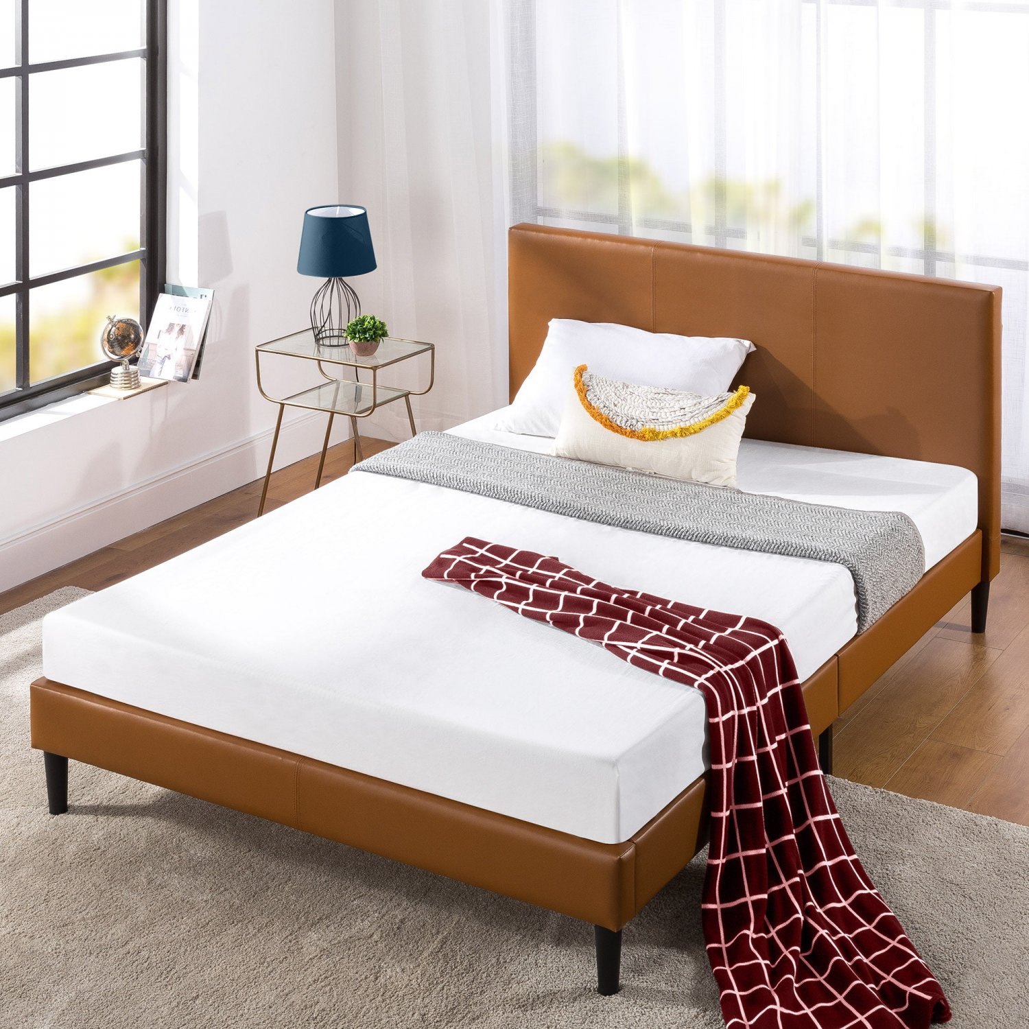 Zinus Jade 35â Faux Leather Platform Bed with Short Headboard, Cognac, Twin