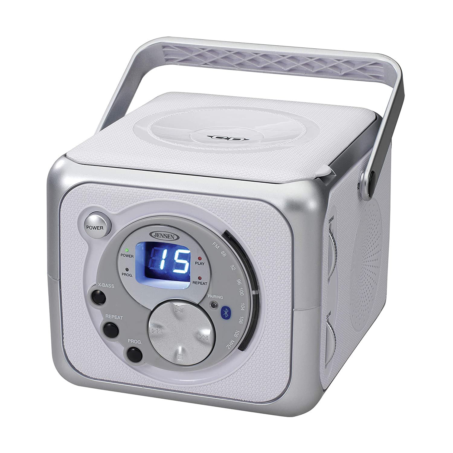Jensen FM Stereo CD555 Bluetooth Boombox, Silver, 7.00 x 9.75 x 6.00 inches