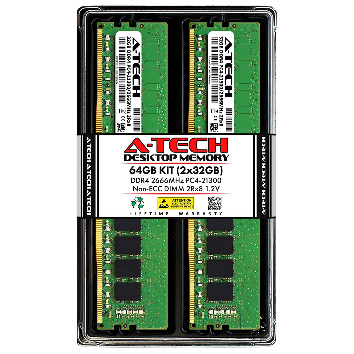 A-Tech 64GB (2x32GB) DDR4 2666 MHz UDIMM PC4-21300 (PC4-2666V) CL19 DIMM 2Rx8 Non-ECC Desk