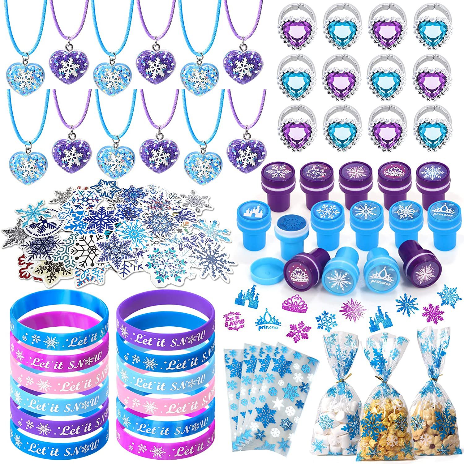 130Pcs Frozen Party Favors Birthday Supplies Bags Necklace Silicone Bracelet Stamper Ring