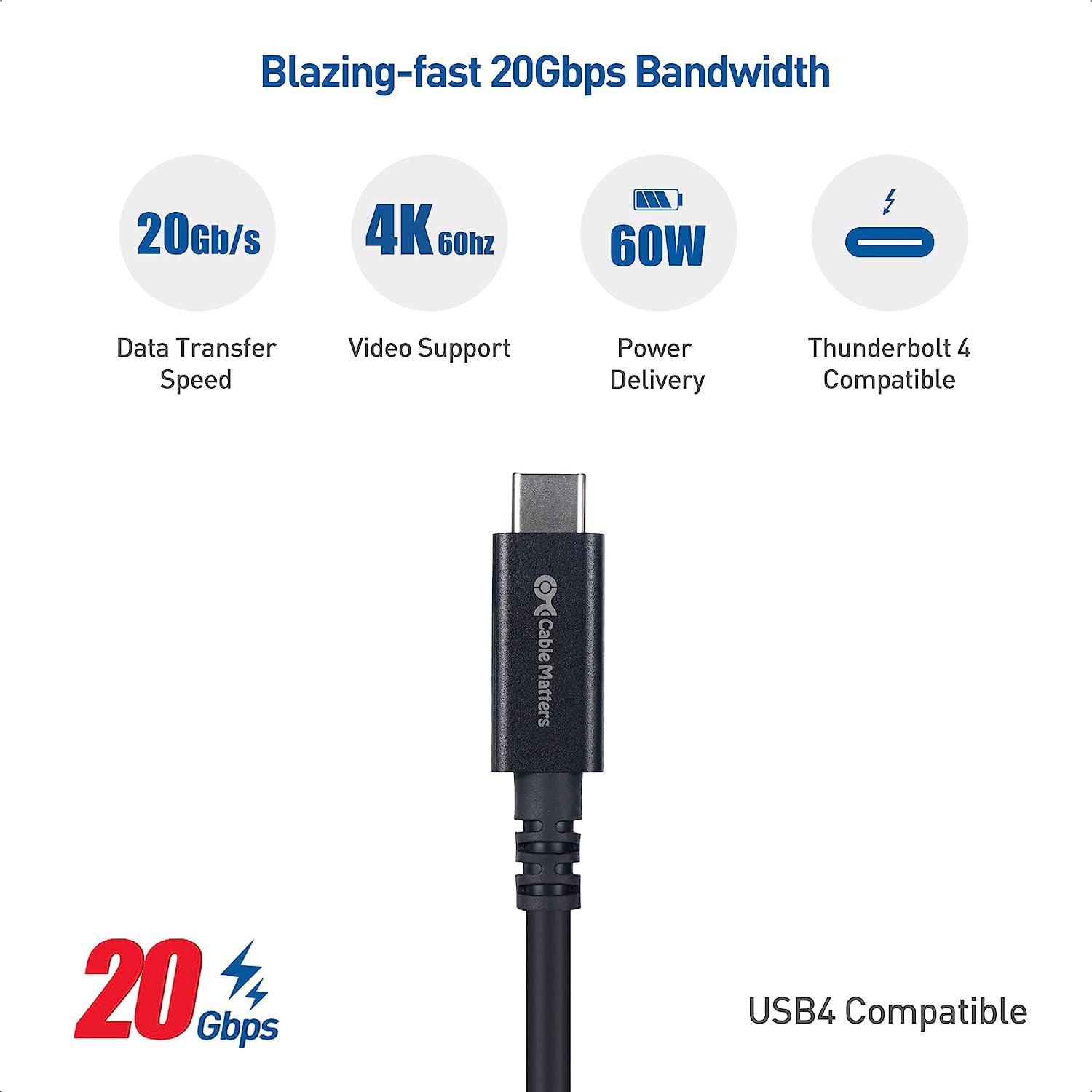 Cable Matters 20Gbps Active USB4 Cable 16.4 ft / 5m with 4K Video & 60W Charging, Compatib