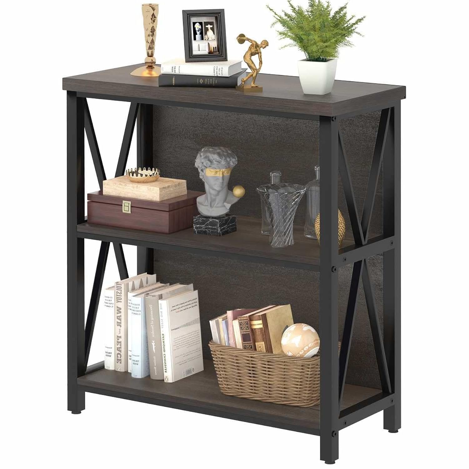 Rustic Short 2 Shelf Bookshelf, Industrial Low Wood Bookcase, Farmhouse ...