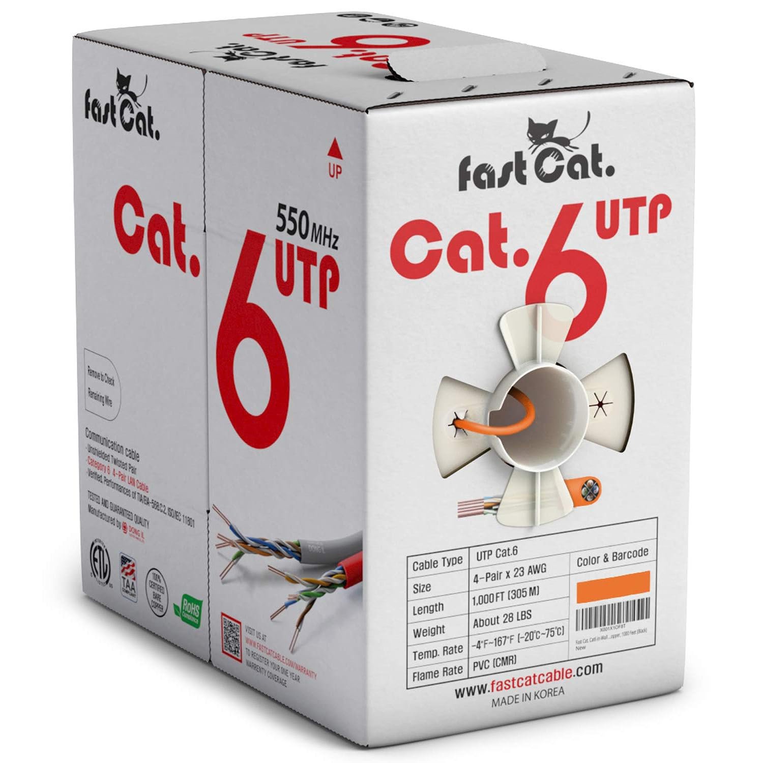 Cat6 Ethernet Cable 1000Ft - 23 Awg, Cmr, Insulated Solid Bare Copper Wire Internet Cable With Noi