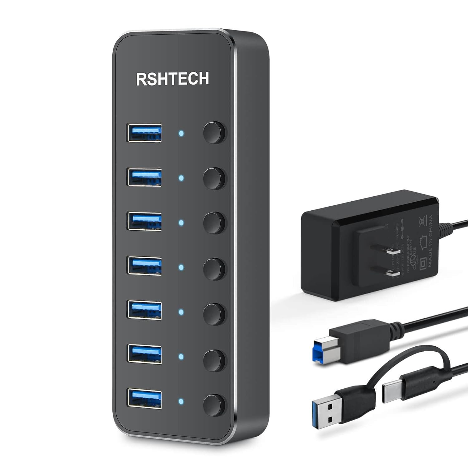 Powered Usb Hub, 7 Port Usb 3.0/Usb C Hub Upgraded Version Aluminum Usb Hub With 2-In-1 Usb Cable,
