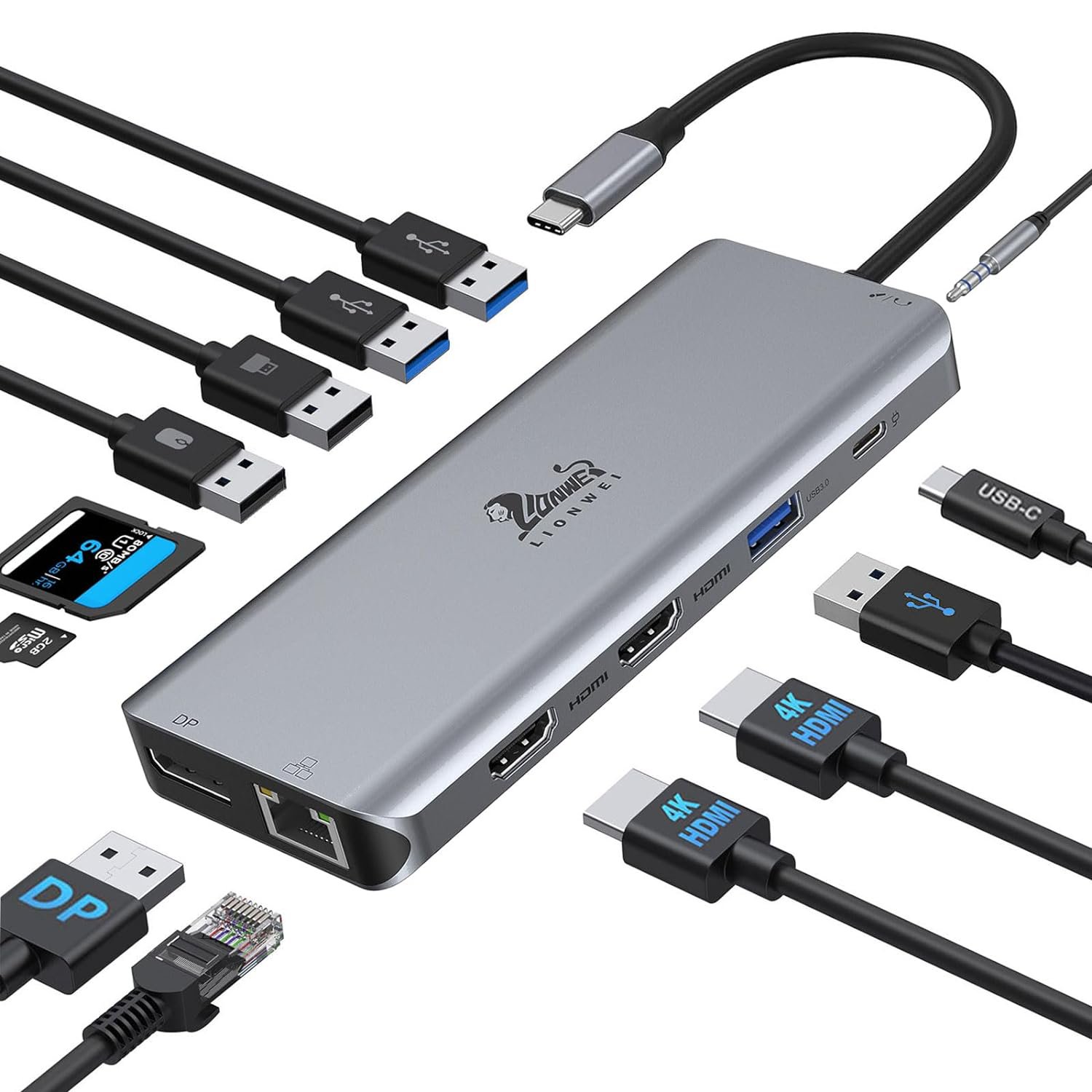 Usb C Docking Station Dual Monitor, 13 In 1 Triple Display Multiport Adapter Hub With 2 Hdmi+Dp+Et