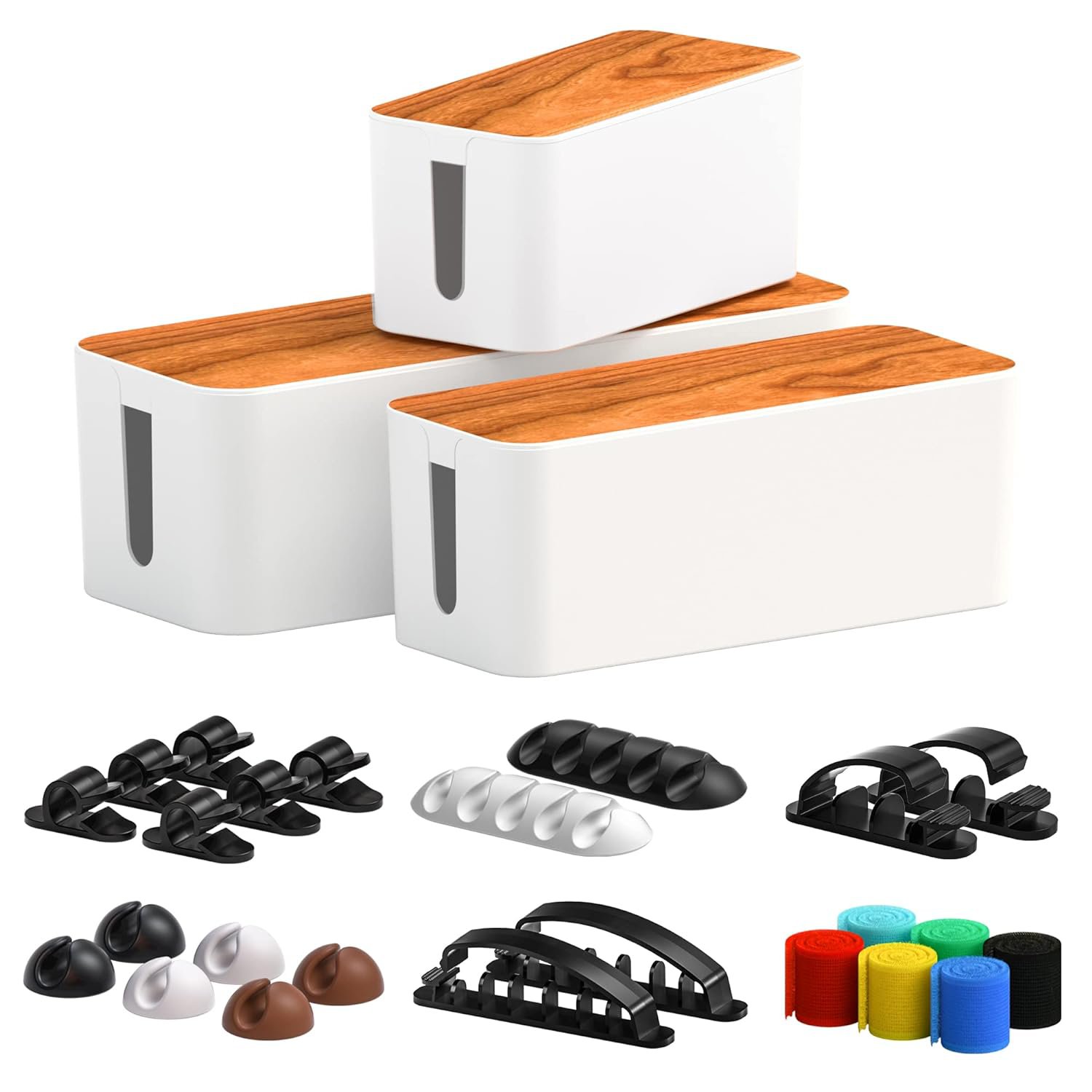 Cable Management Box 3 Pack With 16 Cable Clips Set-Large & Medium & Small Wooden Style Cable Orga