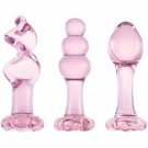 LizzStore 3pcs Glass Anal Plug for 3 Shapes Long Butt Plug and Flower Shaped Based Transparent Prost