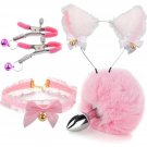 AOBRZHAU 4 Pcs Cat Ears and Wolf Fox Animal Tail Cosplay Set,Handmade Faux Fur Hair Clip Headdress, 