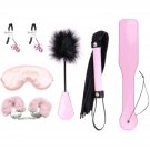6Pcs Bondage Restraints Set With Furry Handcuffs Satin Blindfold, Whip, Spanking Paddle, Bells Clamp