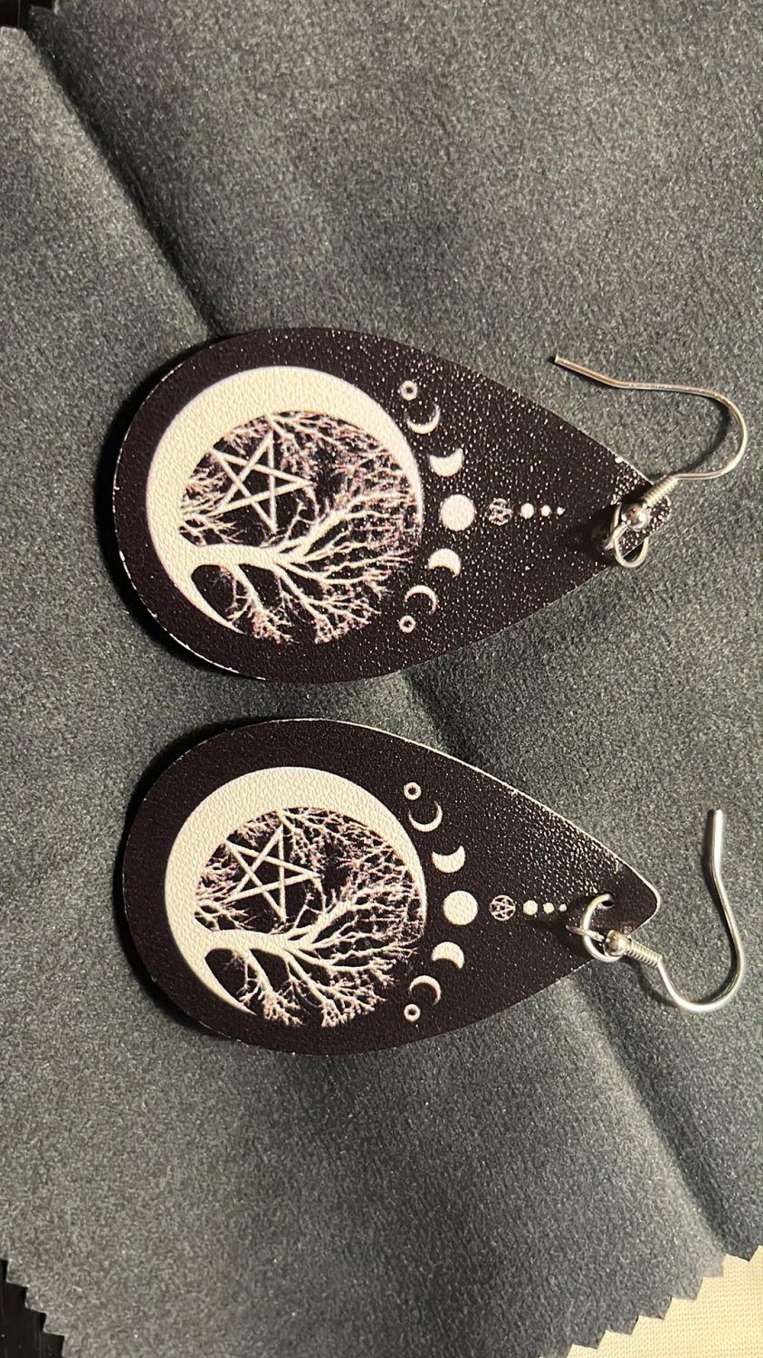 Black and White Moonlight Tree Leather earrings