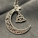 Silver Color Crescent Moon with Irish Celtics Triquetra Knot on chain