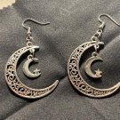 Hollow Star and moon earrings, antique silver
